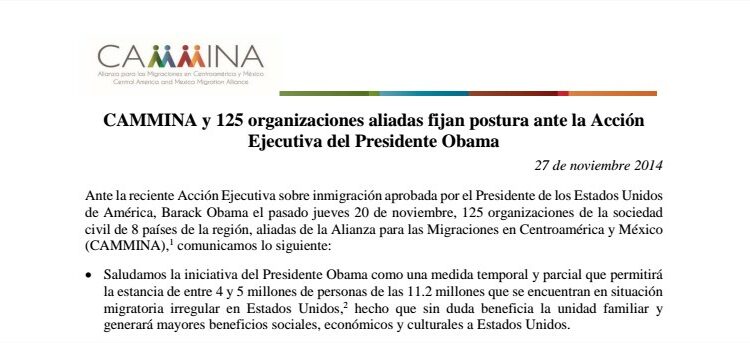 CAMMINA y 125 organizaciones aliadas fijan postura ante la Acción Ejecutiva del Presidente Obama