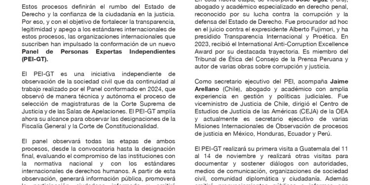 Panel de personas expertas independientes observará la elección de Fiscal General y Corte de Constitucionalidad de Guatemala en 2026.